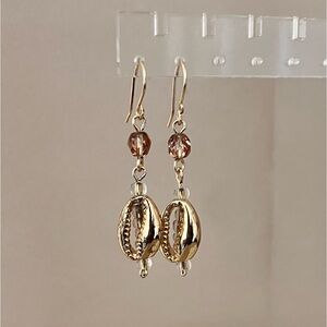 Gold Cowrie And Fire Polished Glass Beads Dangle Earrings